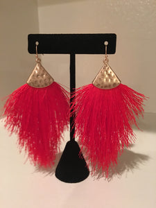 Red Chandelier Fringe Earrings with Hammered Gold Post