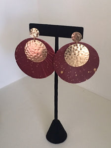 Burgandy and Gold Leather Earrings with Gold Accents