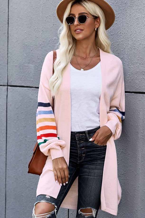 ESLEY - 51667TSY- Colored Stripe Sleeve Cardigan Sweater