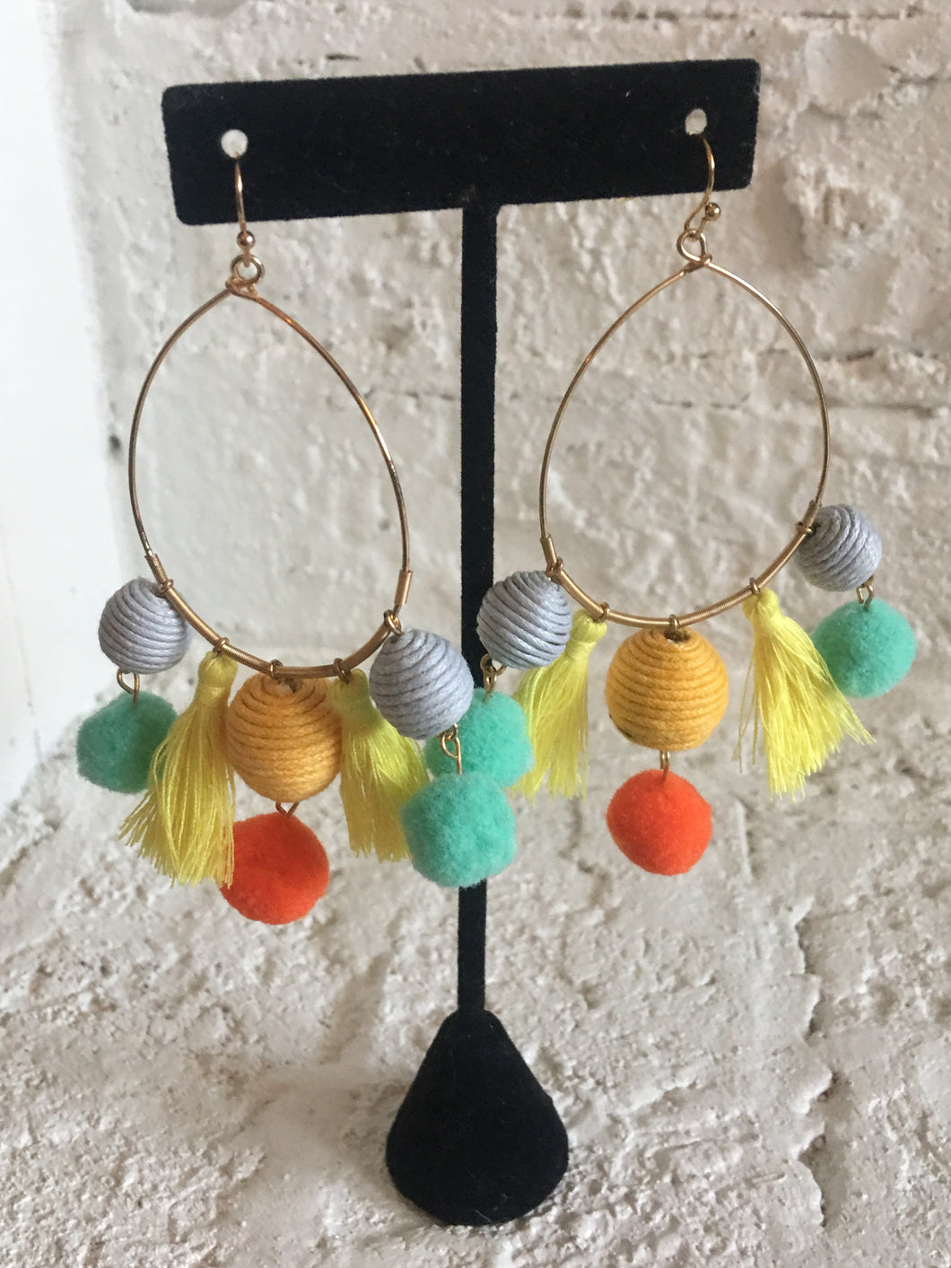 Gold Hoop PomPom Tassel Earrings