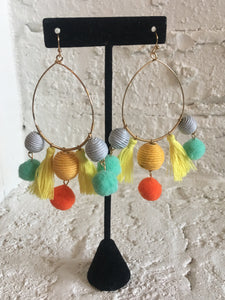 Gold Hoop PomPom Tassel Earrings