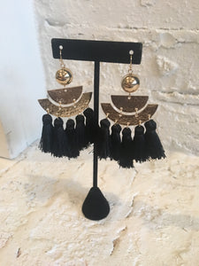 Black & Gold Hammered Tassel Drop Earrings