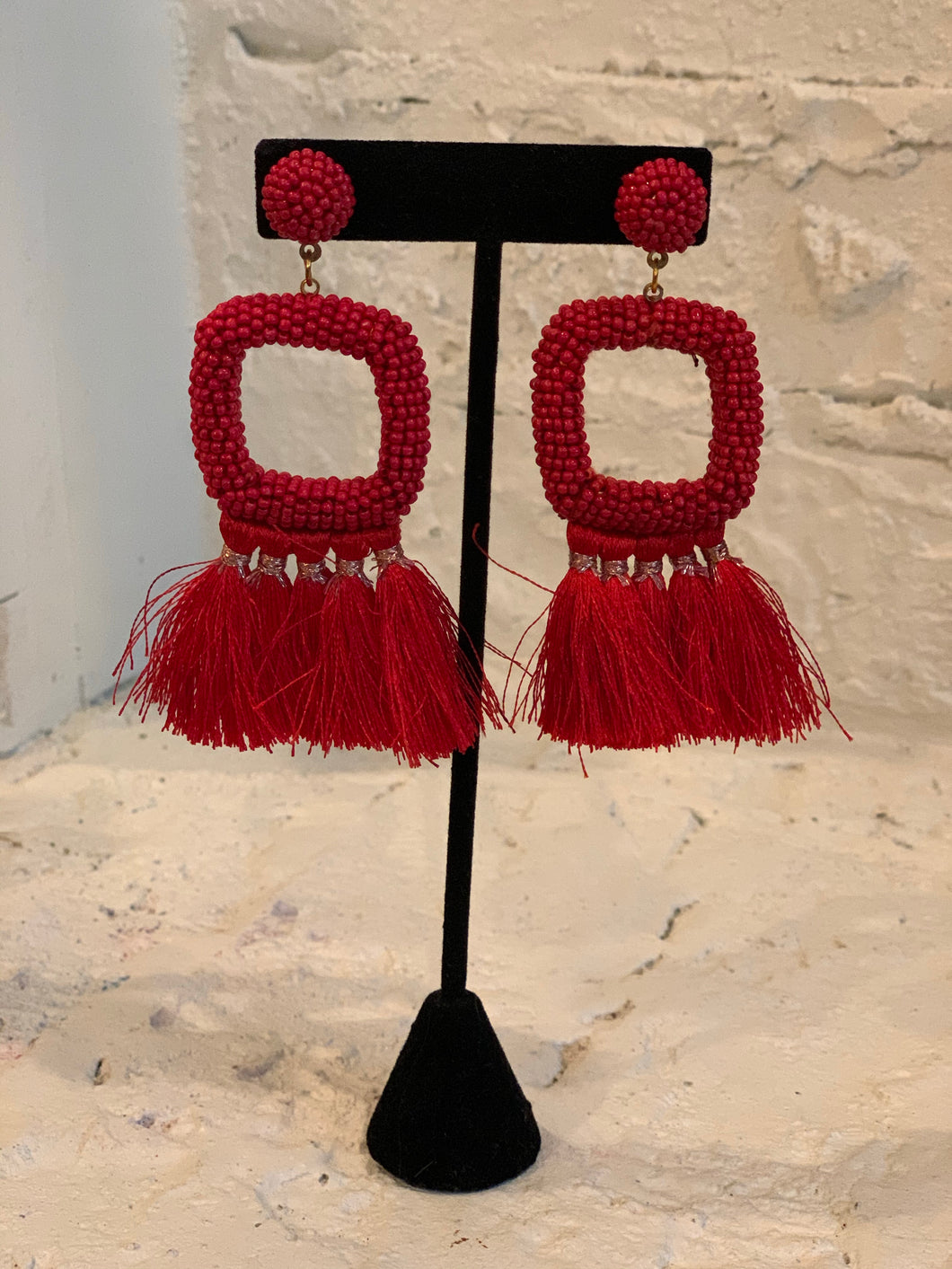 Red Square Beaded Earrings