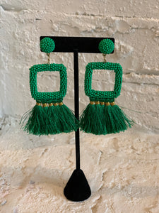 Square Beaded Tassel Earrings-Green