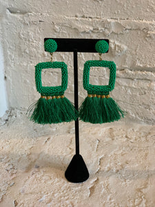 Square Beaded Tassel Earrings-Green