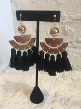 Load image into Gallery viewer, Black &amp; Gold Hammered Tassel Drop Earrings